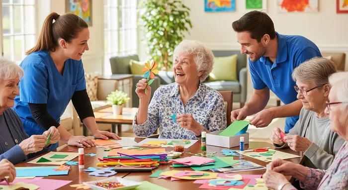 Seniorin in einer Tagespflegegruppe beim gemeinsamen Basteln, freundliche Betreuungspersonen
