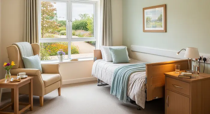 Komfortables Einzelzimmer in einem modernen Pflegeheim, gemütliche Atmosphäre