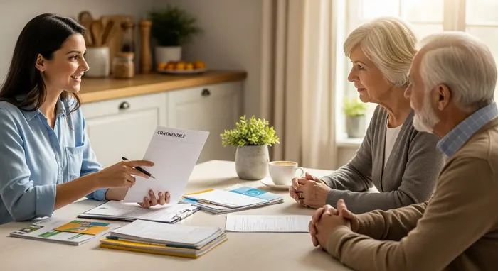 Freundliche Versicherungsberaterin erklärt älterem Paar am Küchentisch die Pflegeleistungen der Continentale; warmes Tageslicht, ordentliche Unterlagen, entspannte Atmosphäre.
