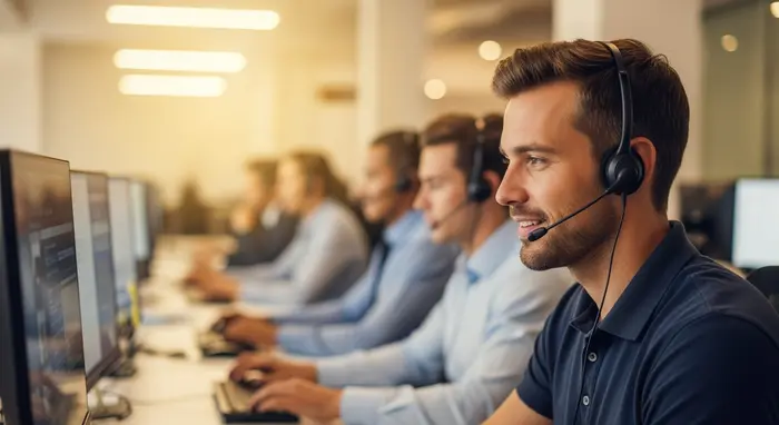 Freundlicher Servicemitarbeiter mit Headset in modernem Callcenter, konzentriert am Bildschirm; warme, professionelle Atmosphäre ohne lesbare Inhalte.