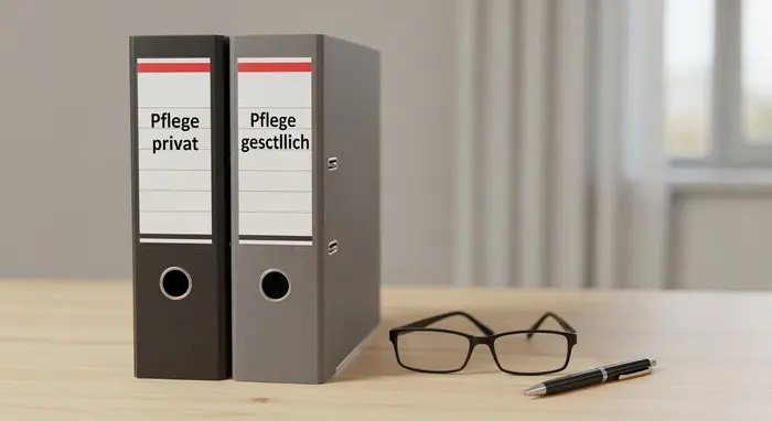 Zwei Ordner mit Aufschrift Pflege privat/gesetzlich stehen nebeneinander auf einem Schreibtisch; daneben Brille und Stift; neutrale Darstellung ohne lesbaren Text.