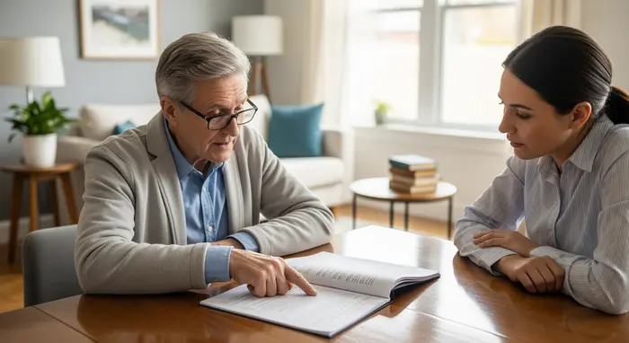 Senior bespricht Unterlagen mit Tochter und zeigt auf ein Dokument; ernste, konstruktive Stimmung, helles Wohnzimmer.