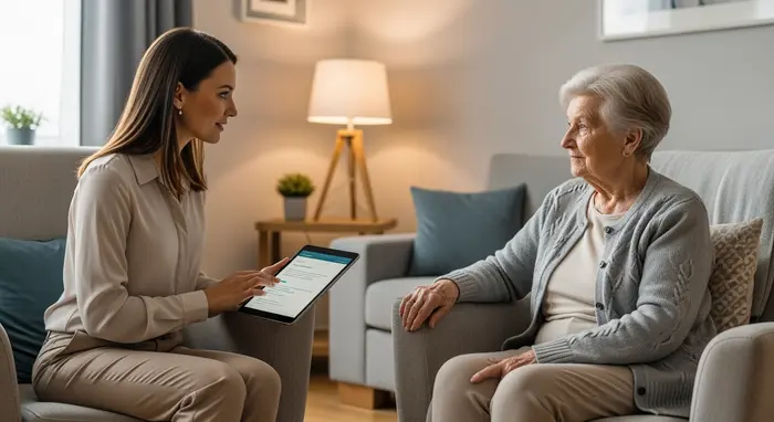 Medicproof-Gutachterin besucht Seniorin zu Hause; Tablet in der Hand, ruhiges Gespräch im Wohnzimmer, neutrale Kleidung, respektvolle Atmosphäre.