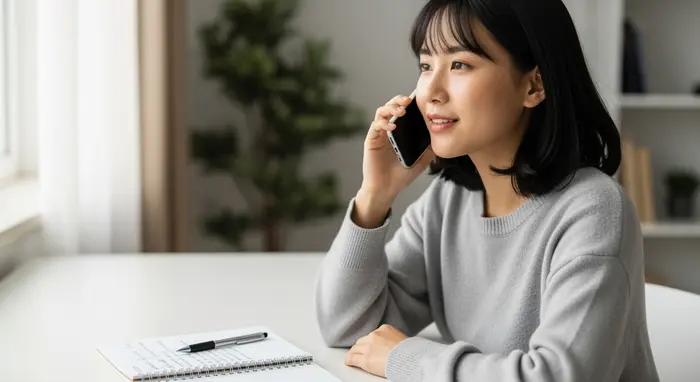 Junge Frau telefoniert mit Service-Center, Notizblock und Stift bereit; ruhiger Arbeitsplatz zu Hause, freundliche Stimmung.