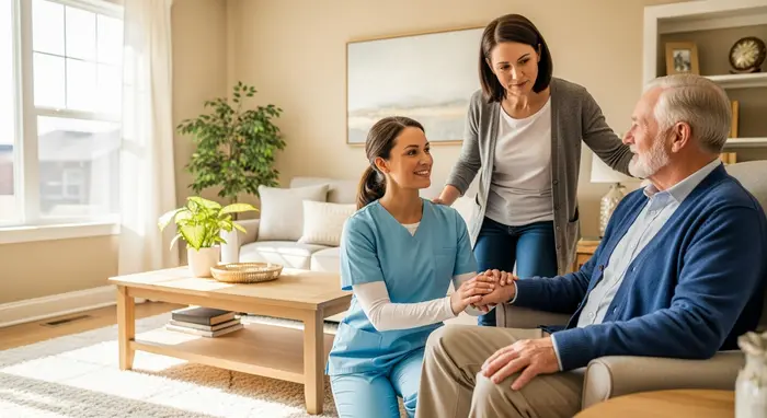 Pflegerin übernimmt stundenweise Betreuung eines Seniors im Wohnzimmer; Angehörige wirkt erleichtert; helles, wohnliches Umfeld.