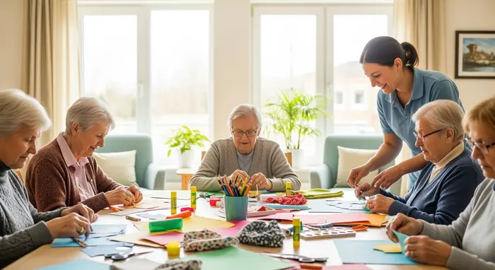 Seniorengruppe in Tagespflegeeinrichtung beim gemeinsamen Basteln, Betreuungskraft unterstützt; helles Zentrum mit großen Fenstern.
