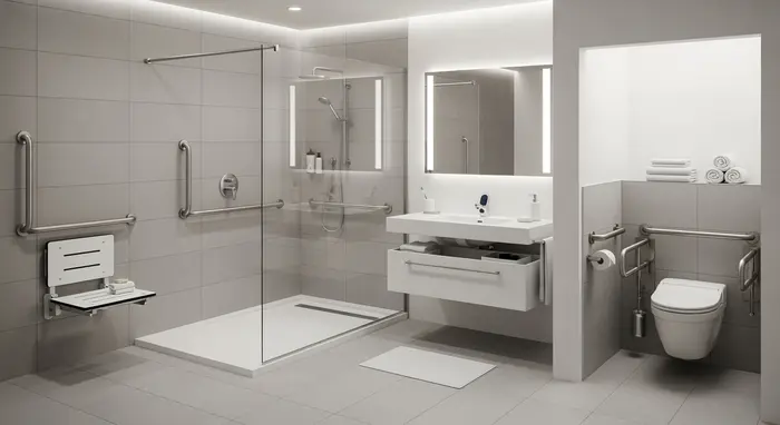 Modernes barrierefreies Badezimmer mit ebenerdiger Dusche, Haltegriffen und Duschsitz; helle Fliesen, aufgeräumt, sicher.