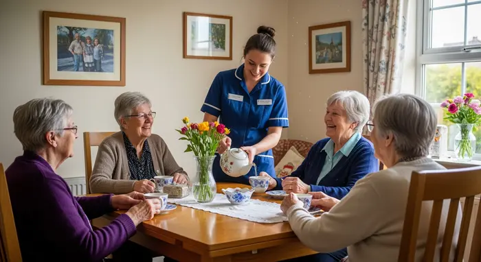 Kleine ambulant betreute Wohngemeinschaft: Mehrere Seniorinnen sitzen gemeinsam am Esstisch, Präsenzkraft schenkt Tee ein; freundliche, häusliche Umgebung.