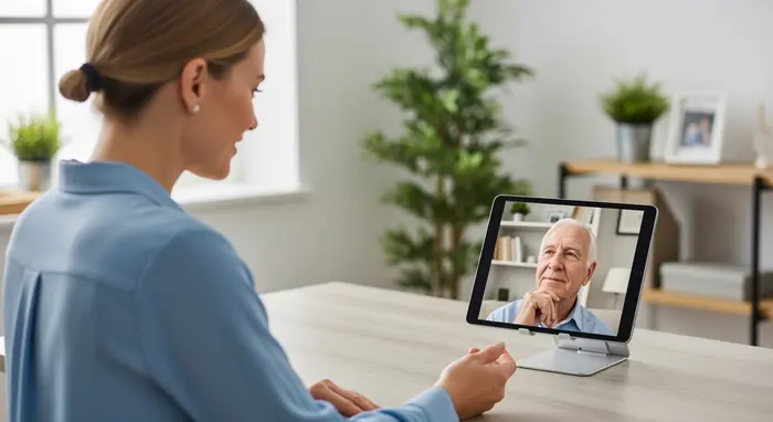 Pflegeberaterin führt Videoberatung mit Senior via Tablet; klare Szene ohne sichtbare App-Texte, ruhige Wohnumgebung.