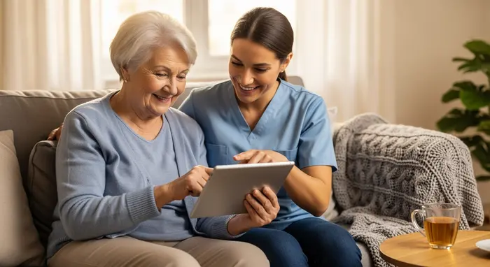 Seniorin nutzt Tablet gemeinsam mit Pflegerin auf dem Sofa; beide lächeln, keine lesbaren App-Details, gemütliche Umgebung.