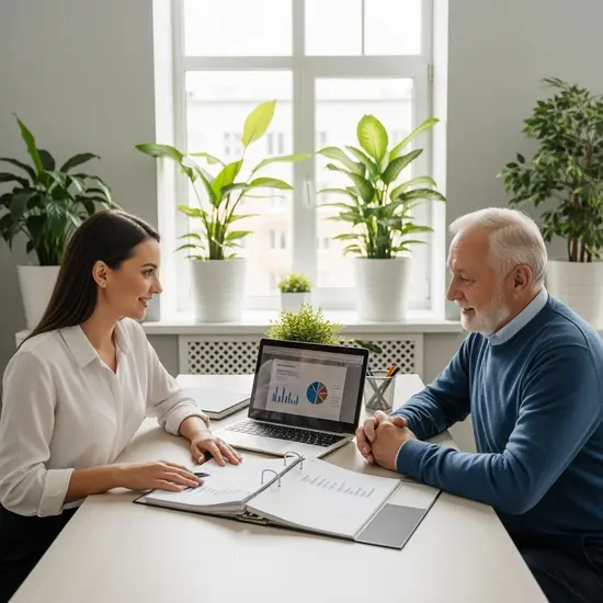 Freundliche Versicherungsberaterin sitzt mit Senior am Tisch, Aktenordner und Laptop offen, helles Büro mit Pflanzen und neutralen Farben, vertrauensvolle Beratungssituation.