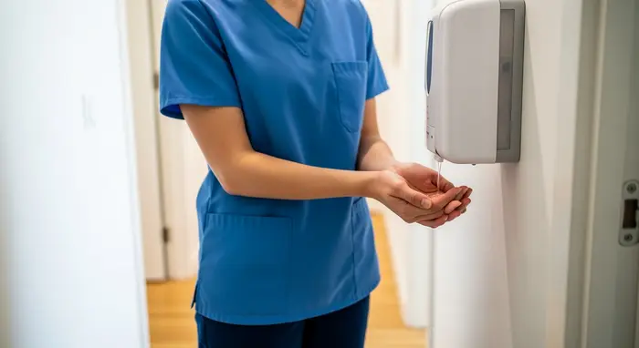 Pflegerin desinfiziert Hände an einem Spender im Flur einer Wohnung, Fokus auf Hygiene.