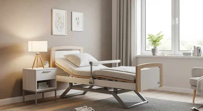 Modernes Pflegebett in einem hellen Schlafzimmer, Nachttisch mit Lampe, freundliche und aufgeräumte Umgebung.