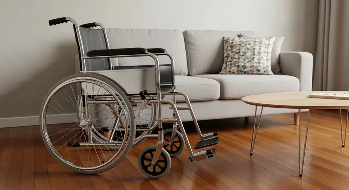Klassischer manueller Rollstuhl steht neben einer Couch, Holzboden, neutrale Wohnungseinrichtung.