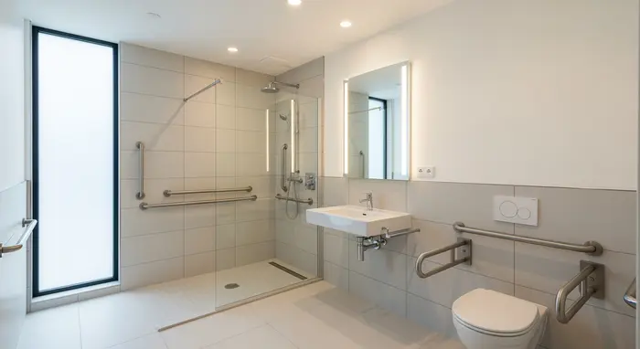 Barrierefreies, modernes Badezimmer mit bodengleicher Dusche, rutschfesten Fliesen und Haltegriffen, helle Beleuchtung.
