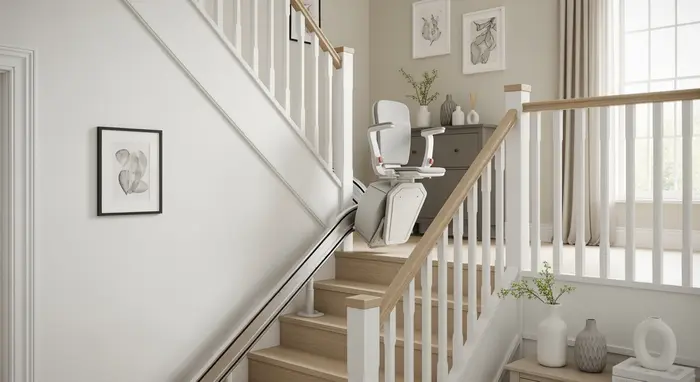 Treppenlift an einer Holztreppe in einem Einfamilienhaus, neutraler Wohnstil, klare Linien.