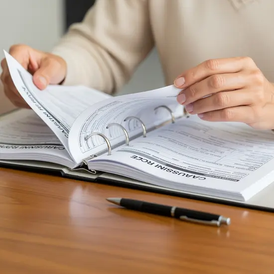 Nahaufnahme von Händen, die eine Pflegeversicherungsmappe mit Formularen durchblättern, Kugelschreiber daneben, aufgeräumter Holzschreibtisch.