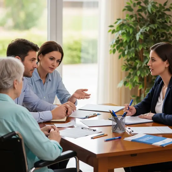 Pflegebedürftige und Angehörige besprechen Fragen mit einer Fachkraft, Stifte und Dokumente auf dem Tisch.