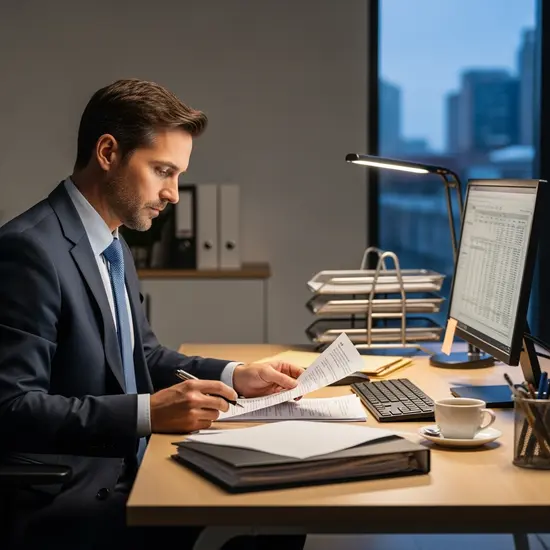 Beamter in Businesskleidung sitzt am Schreibtisch und prüft Unterlagen, neutrale Büroumgebung, dezente Beleuchtung.