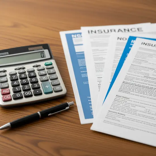 Taschenrechner, Stift und neutrale Versicherungsdokumente auf einem Holzschreibtisch, Fokus auf Finanzplanung ohne lesbaren Text.