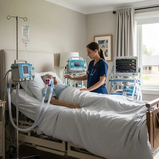 Intensivpflege zu Hause: Pfleger überwacht Beatmungsgerät neben dem Bett eines Patienten, ruhiges Schlafzimmer mit medizinischer Ausstattung.