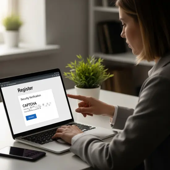 Frau registriert sich mit Laptop in einer Online-Geschäftsstelle, Sicherheitsabfrage auf dem Bildschirm angedeutet, ruhiger Arbeitsplatz.