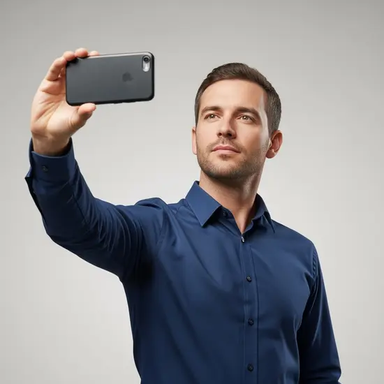 Mann fotografiert sich mit dem Smartphone vor neutralem Hintergrund für ein Passfoto, gute Ausleuchtung.