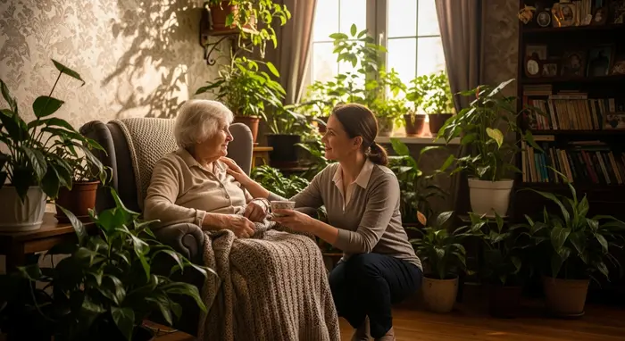 Ältere Frau wird von Tochter zu Hause liebevoll betreut, gemütliches Wohnzimmer mit Pflanzen, warme Lichtstimmung.