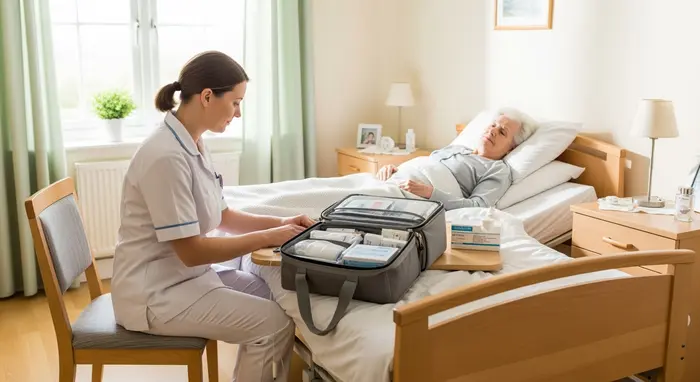 Ambulanter Pflegedienst versorgt Senioren am Bett, Pfleger mit Pflegekoffer, helles Schlafzimmer.