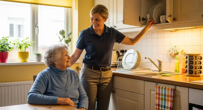 Haushaltshilfe unterstützt beim Aufräumen der Küche, freundliches Gespräch zwischen Helferin und Seniorin.