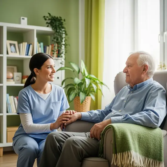 Pflegerin übernimmt kurzfristig die Betreuung eines Seniors zu Hause, ruhige Wohnzimmeratmosphäre.