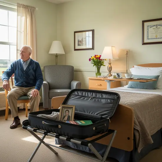 Senior in einem freundlichen Pflegeheimzimmer, Koffer am Bett, temporärer Aufenthalt für Kurzzeitpflege.