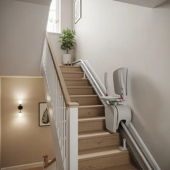 Treppenhaus mit installiertem Treppenlift an einer geraden Treppe. Neutrale Wohnungseinrichtung, Fokus auf barrierefreien Zugang.