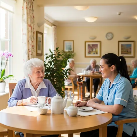 Helle Pflegeheimumgebung: ältere Bewohnerin sitzt mit Pflegerin im Gemeinschaftsraum bei Tee, freundliche Stimmung.