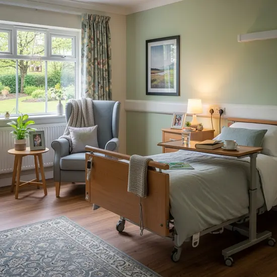 Ruhiges Einzelzimmer im Pflegeheim mit Pflegebett, Sessel am Fenster und persönlicher Dekoration.