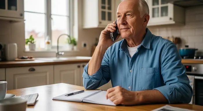 Älterer Herr telefoniert mit dem Kundenservice am Küchentisch, Notizblock und Stift bereitliegend.