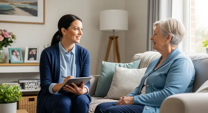 Pflegegutachterin besucht Seniorin zu Hause, spricht freundlich im Wohnzimmer, Tablet für Notizen.