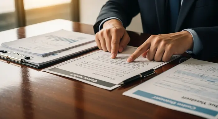 Checkliste und Unterlagen ordentlich auf einem Tisch, Hände einer Person zeigen auf wichtige Punkte, kein lesbarer Text.