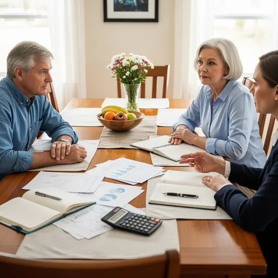 Älteres Paar bespricht finanzielle Absicherung mit Berater am Esstisch, Taschenrechner und Notizen liegen bereit.