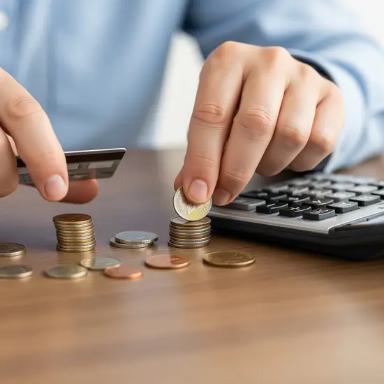 Nahaufnahme von Händen, die Münzen und Bankkarte neben einem Taschenrechner sortieren, Fokus auf Planung, kein lesbarer Text.