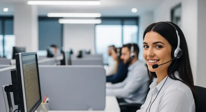 Freundliche Service-Mitarbeiterin mit Headset im modernen Callcenter, neutrale Umgebung, angenehme Beleuchtung.