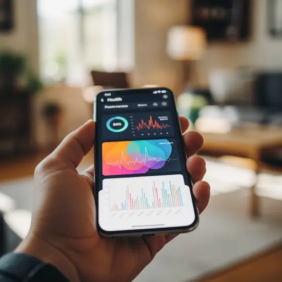 Hand hält Smartphone mit geöffneter Gesundheits-App-Oberfläche, unscharfer Hintergrund eines Wohnzimmers, keine lesbaren Textelemente.