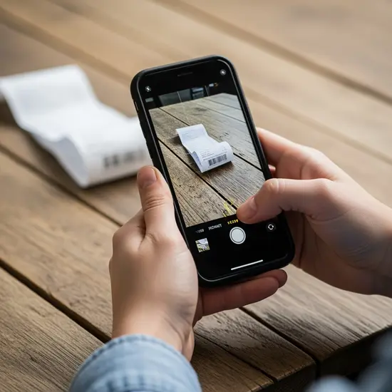 Person fotografiert mit dem Smartphone eine unscharfe Quittung auf einem Holztisch, gutes Licht, Fokus auf Handlung.