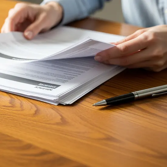 Nahaufnahme von Händen, die Versicherungsunterlagen auf einem Holztisch durchblättern, Kugelschreiber daneben, neutrale Dokumente ohne lesbaren Text.