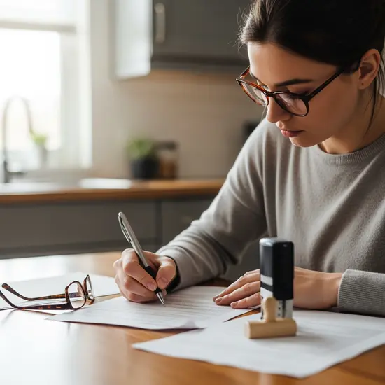 Erwachsene Tochter füllt sorgfältig ein Formular am Küchentisch aus, Brille und Stempel daneben, ruhige Szene.