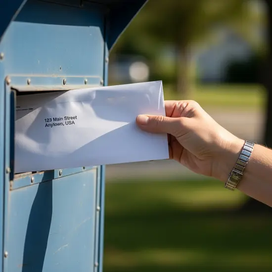 Briefumschlag mit Adresse wird in einen Briefkasten eingeworfen, Tageslicht, Fokus auf Handlung.