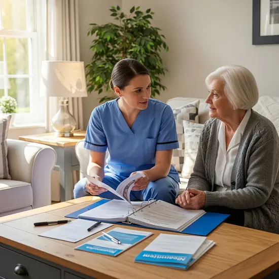 Pflegerin und Seniorin sitzen beim Beratungsgespräch im Wohnzimmer, Ordner und Infomaterial auf dem Tisch.