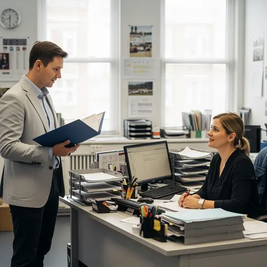 Beamter in heller Amtsstube mit Aktenmappe, spricht mit Sachbearbeiterin am Schreibtisch, sachliche Atmosphäre.