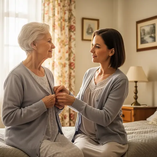 Pflegende Tochter hilft ihrer älteren Mutter beim Anziehen im Schlafzimmer, warmes Tageslicht, empathische Szene.