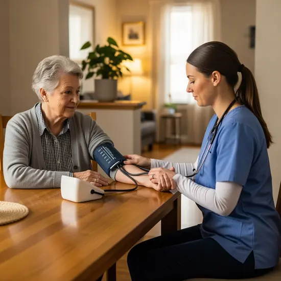 Ambulanter Pfleger im blauen Kittel versorgt Senior zu Hause, Blutdruckmessung am Esszimmertisch, ruhige Umgebung.